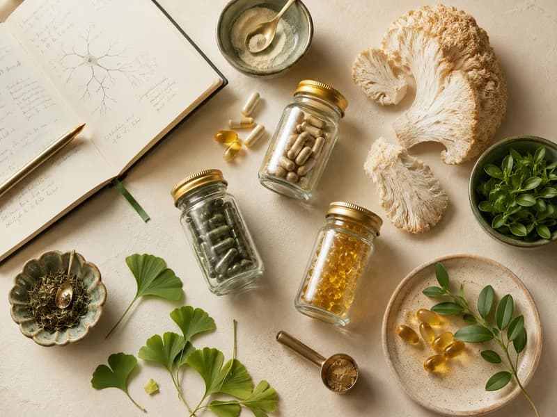 Lion's mane mushroom, ginkgo leaves, and nootropic supplements laid out for WealthBoostDaily research review