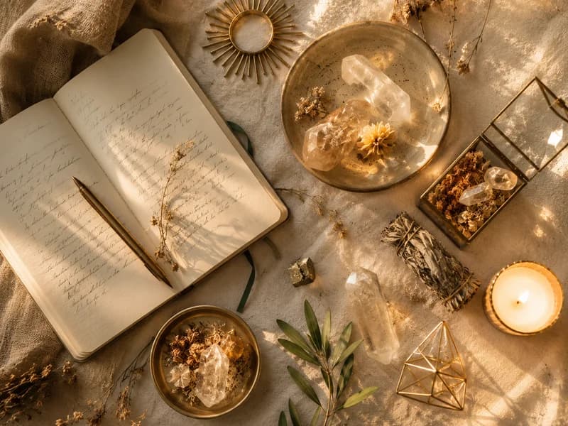 Manifestation journal, crystals, sage bundle and spiritual tools reviewed by WealthBoostDaily