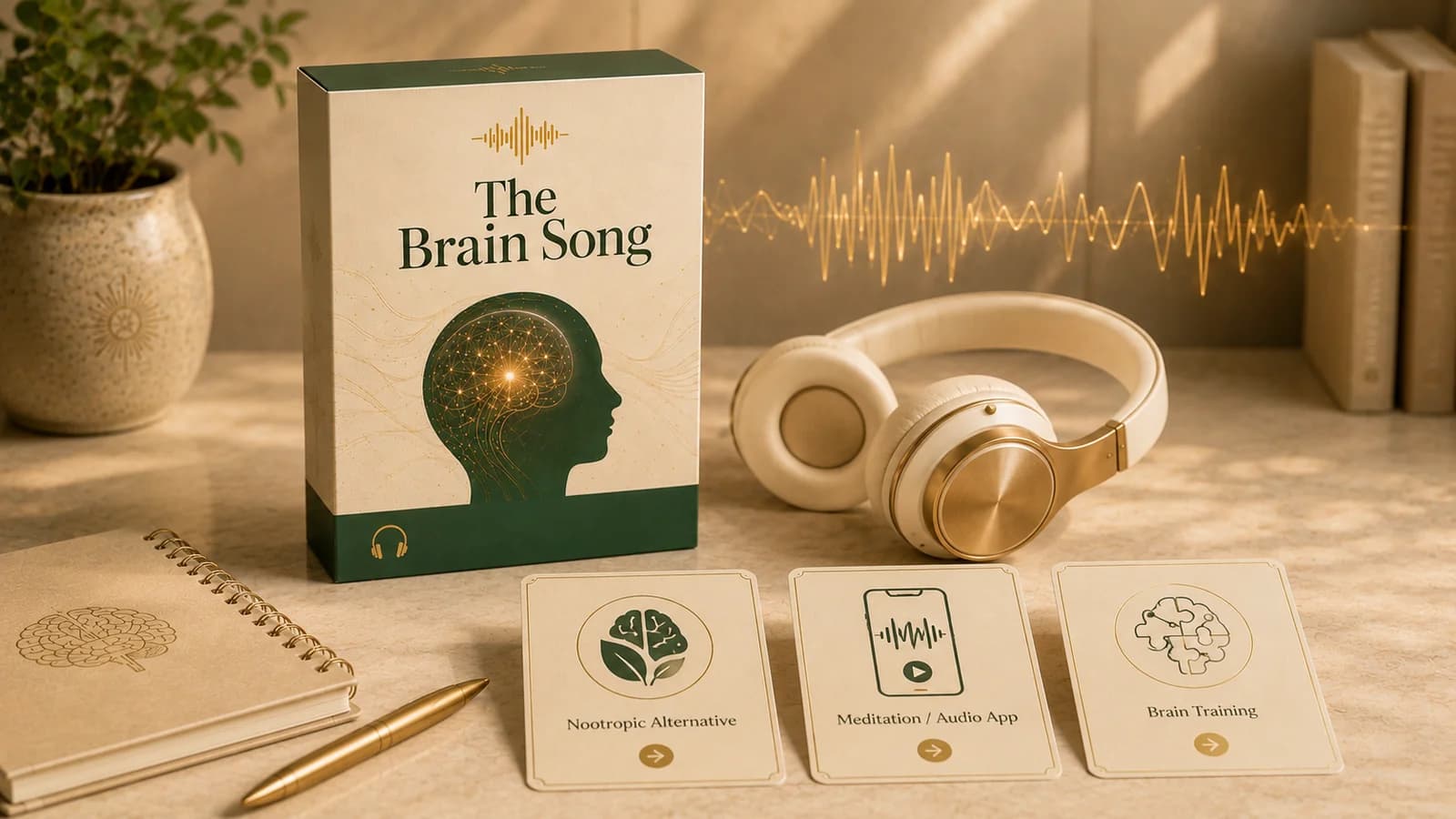 The Brain Song product mockup compared with nootropic, meditation audio app, and brain training alternatives