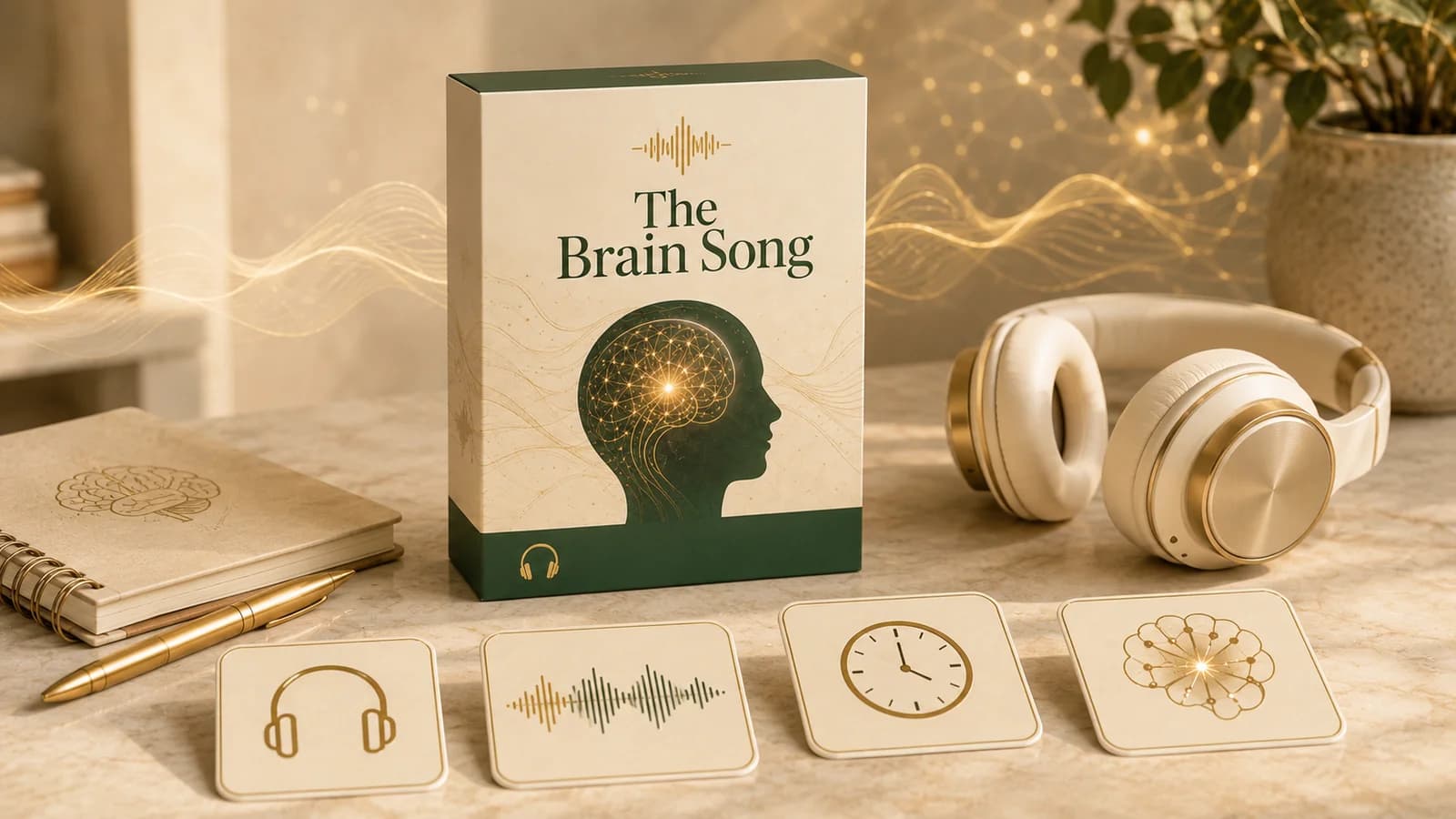 The Brain Song product mockup with headphones and feature cards for audio listening, sound waves, timing, and brain focus