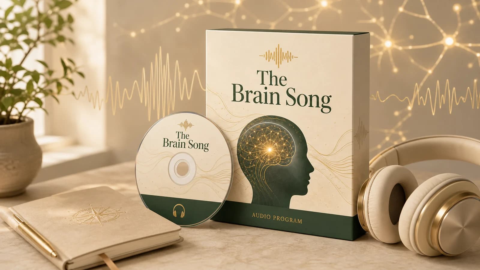 The Brain Song digital audio product mockup with headphones on a warm WealthBoostDaily review desk