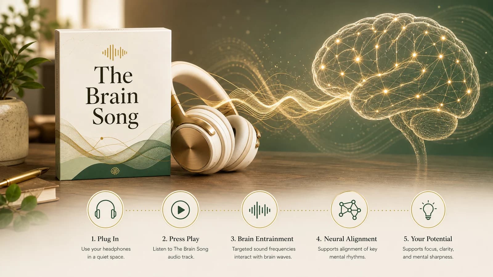 The Brain Song audio waveform flowing from headphones toward a golden neural network brain illustration