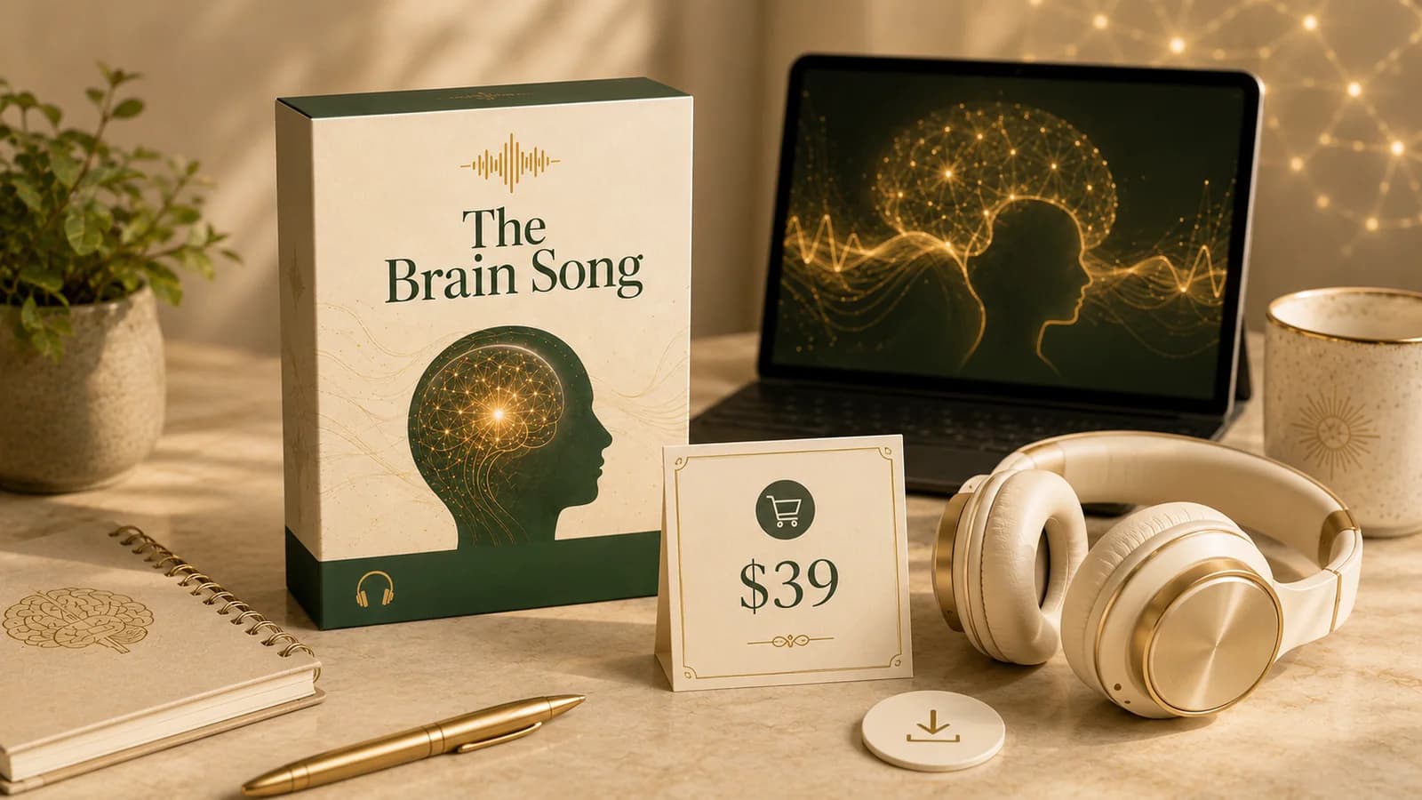 The Brain Song product mockup with headphones, digital audio screen, and 39 dollar pricing card