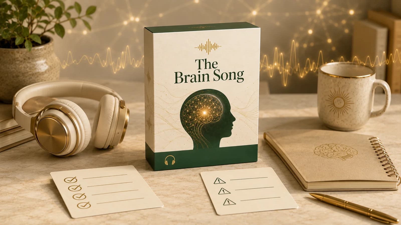 The Brain Song review desk with product mockup, headphones, and pros and cons cards for buyer analysis