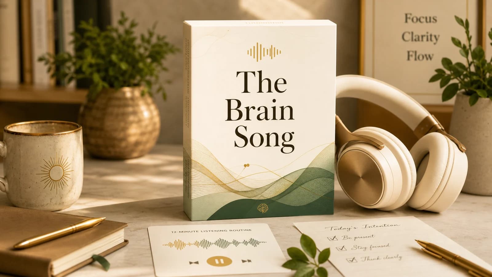 The Brain Song product mockup with headphones and a 12-minute listening routine card