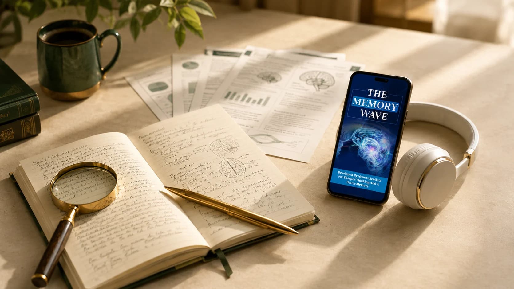 The Memory Wave complaints and research desk with notebook magnifying glass and research papers