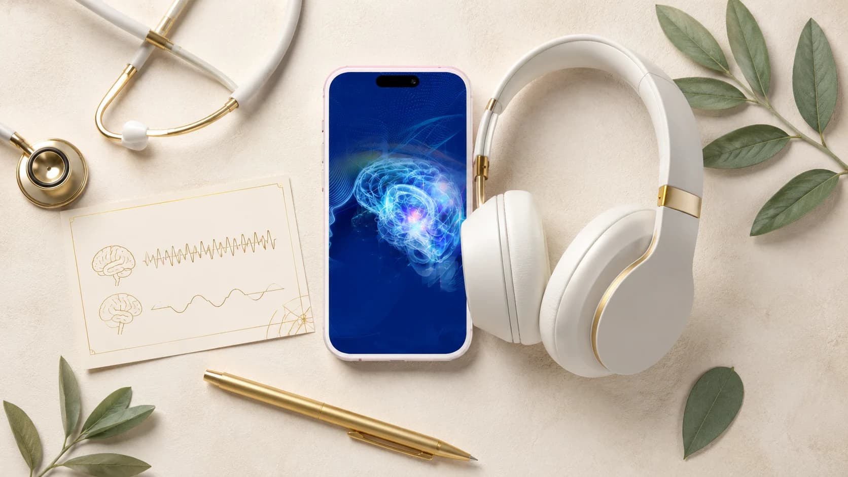 How The Memory Wave works shown with brainwave diagram flatlay and headphones