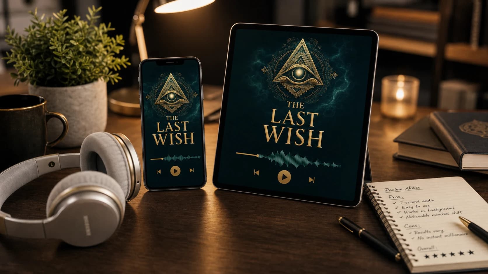 The Last Wish audio program shown on phone and tablet with headphones on a warm WealthBoostDaily review desk