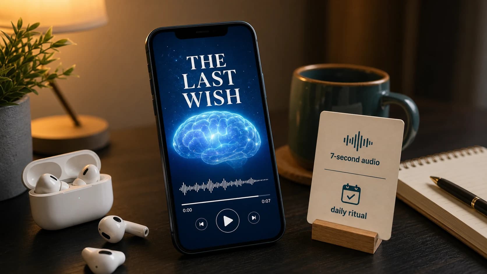 Phone audio player and headphones representing The Last Wish audio ritual