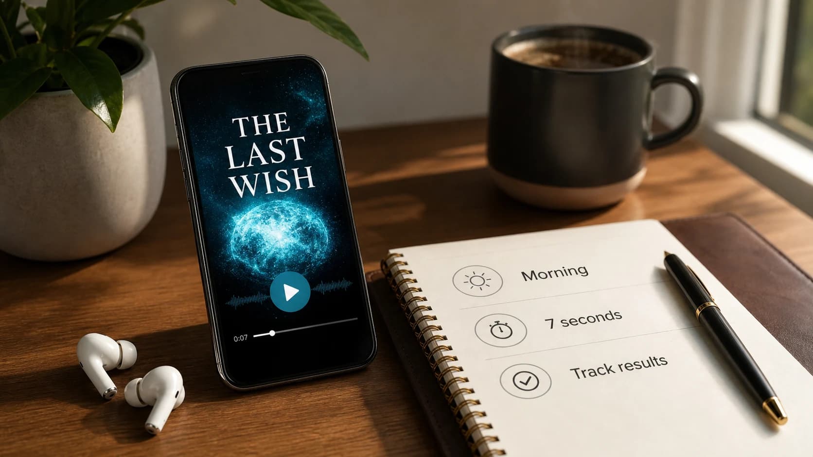 Morning routine with phone audio player headphones and habit tracker