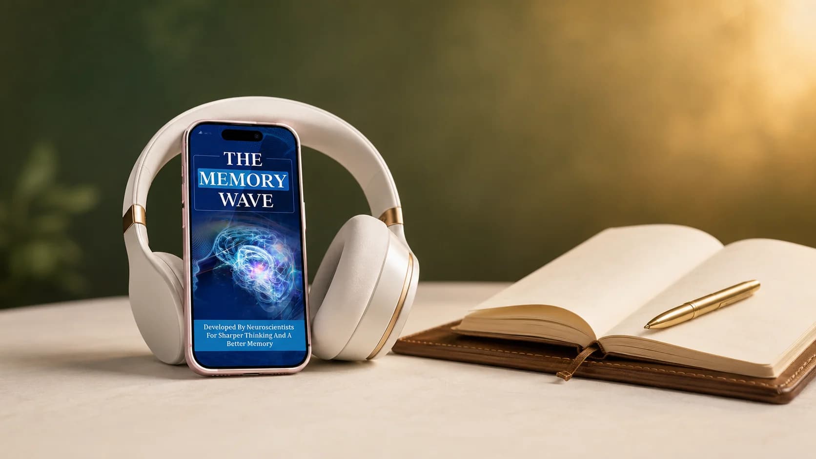 The Memory Wave audio program phone mockup with white headphones on parchment desk