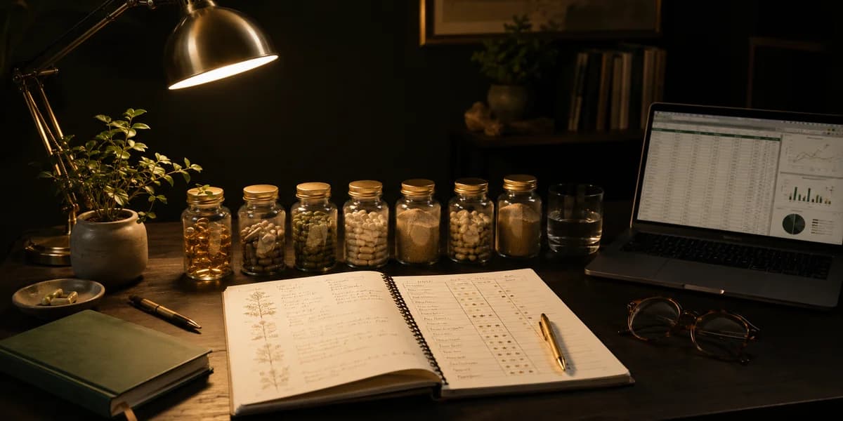 Sarah Mitchell's supplement testing research desk showing nootropic bottles, scoring notebook, and data spreadsheet — WealthBoostDaily review methodology